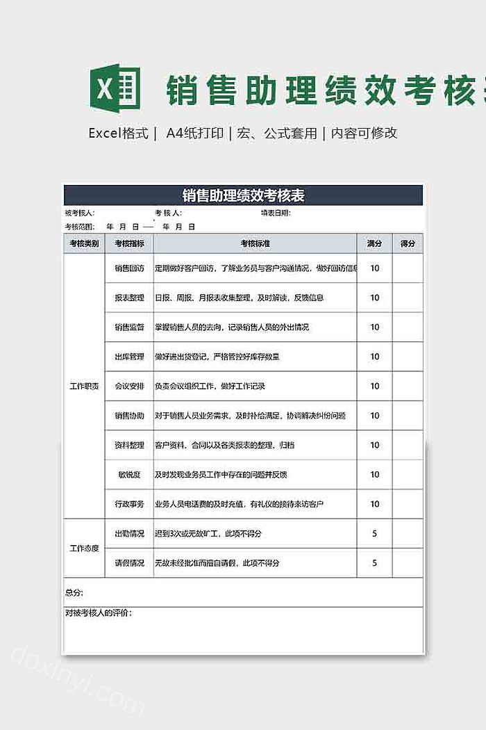 简单实用销售助理绩效考核表