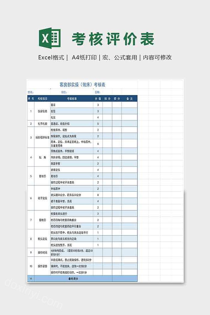 简约实用客房部实操考核表