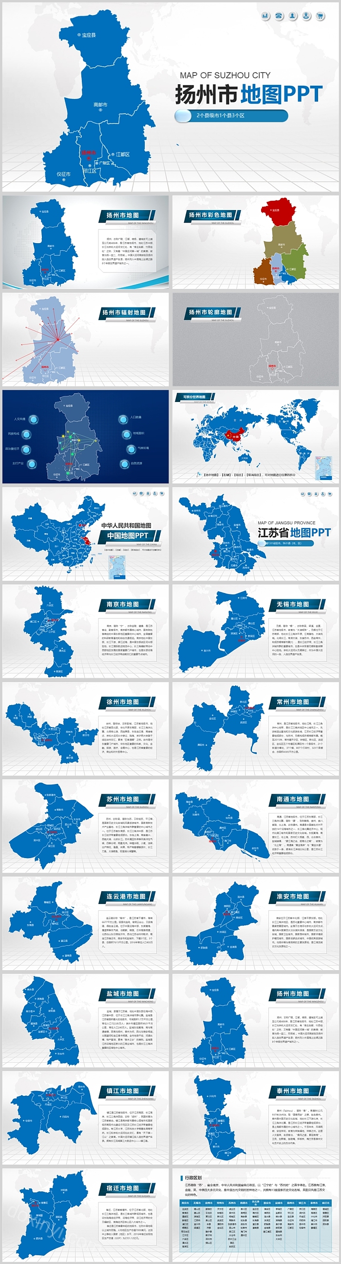 蓝色精美中国江苏扬州地图PPT模板