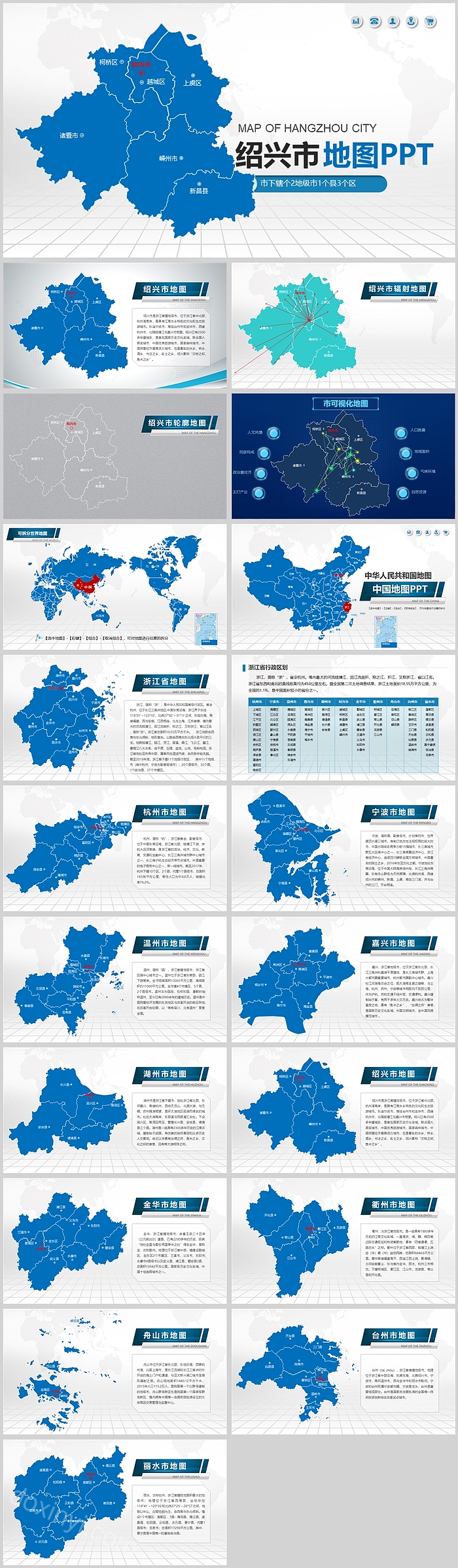 可编辑矢量中国浙江绍兴市地图PPT模板