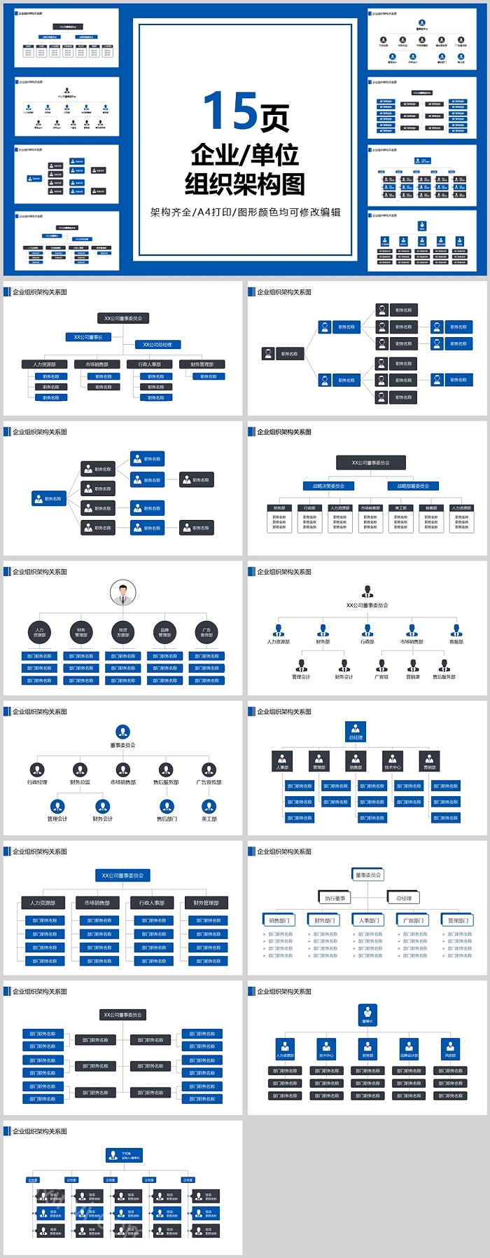蓝色15页企业单位组织架构图PPT模板