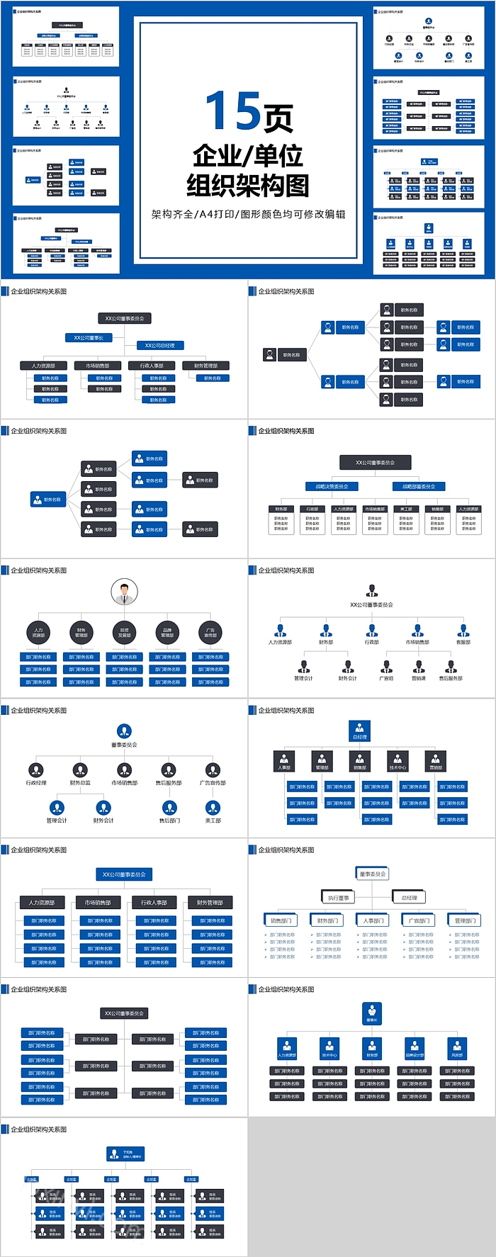 蓝色系列企业单位公司架构图表PPT