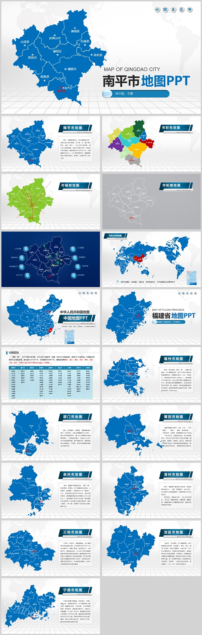 矢量可编辑中国福建省南平市地图PPT模板