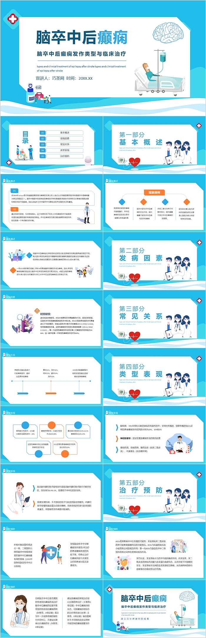 蓝色主题脑卒中后癫痫护理查房PPT模板