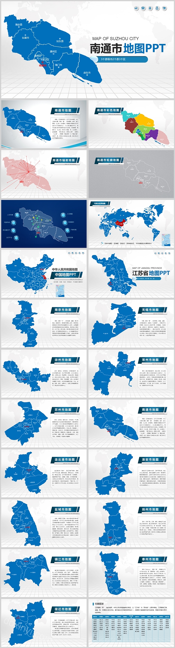 蓝色可编辑中国江苏南通市地图PPT模板