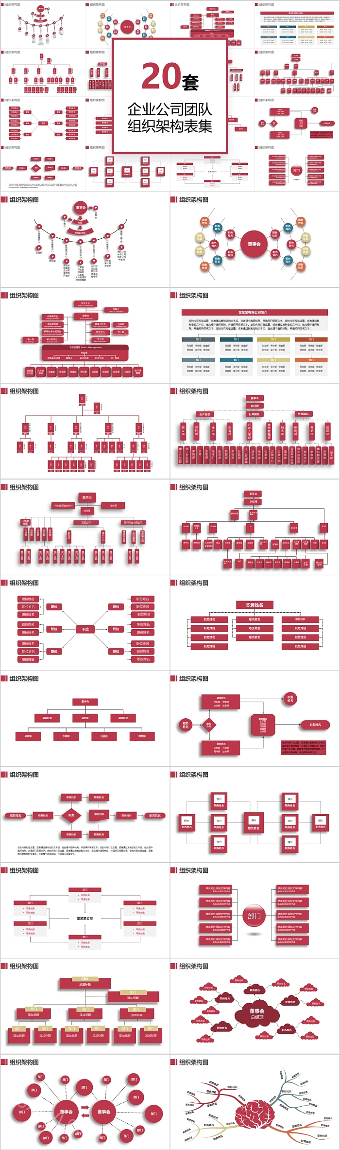 红色企业公司团队 组织架构表集PPT图表
