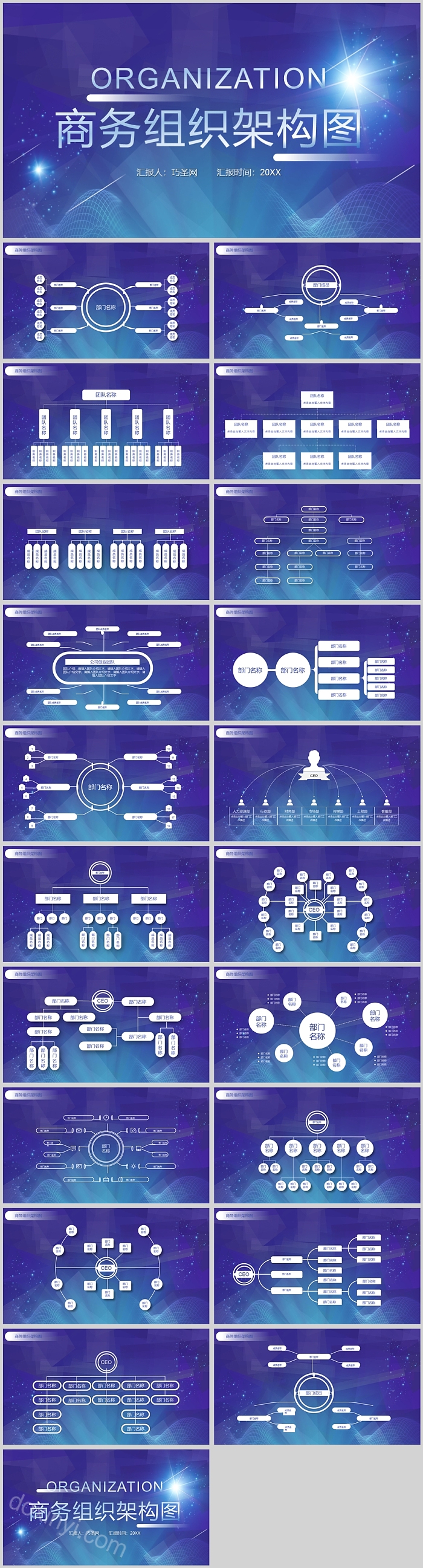 蓝色商务商务组织架构图PPT模板