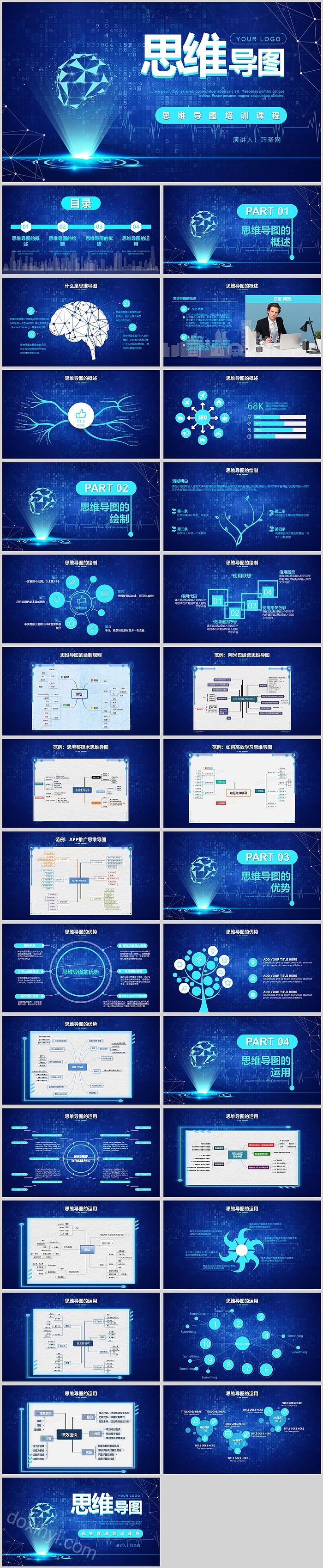 精美蓝色数据分析思维导图PPT培训课程