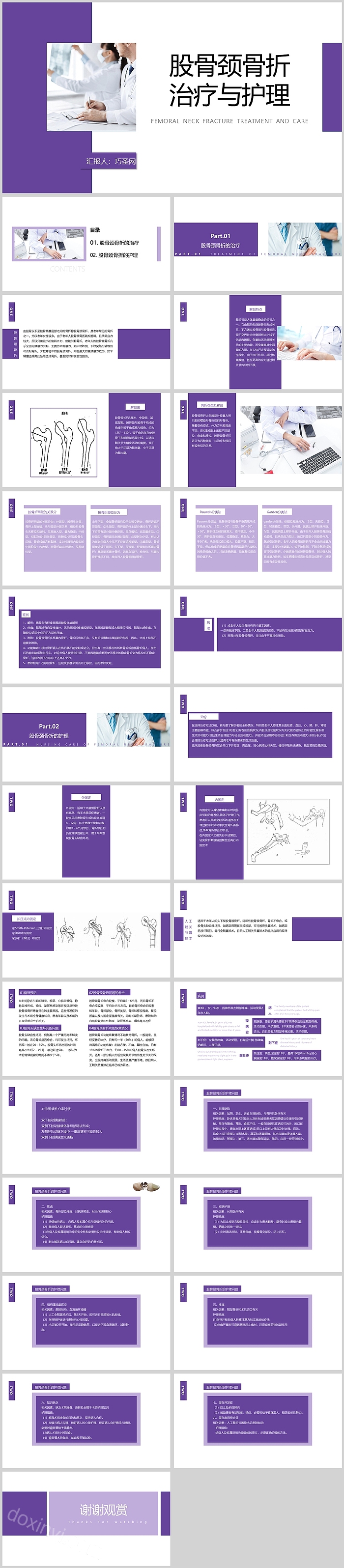 紫色创意股骨颈骨折 治疗与护理PPT模板