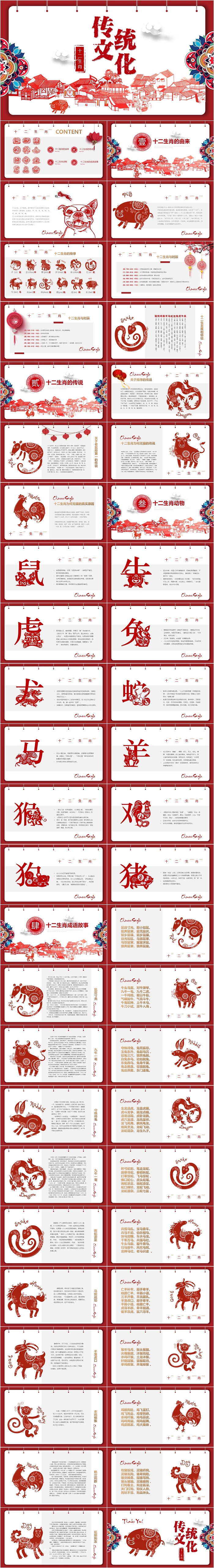 红色剪纸风传统文化十二生肖PPT模板