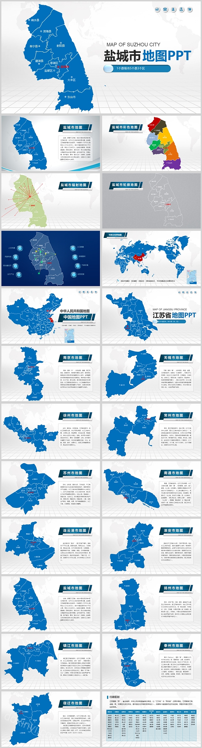 可编辑中国江苏省盐城市地图PPT模板