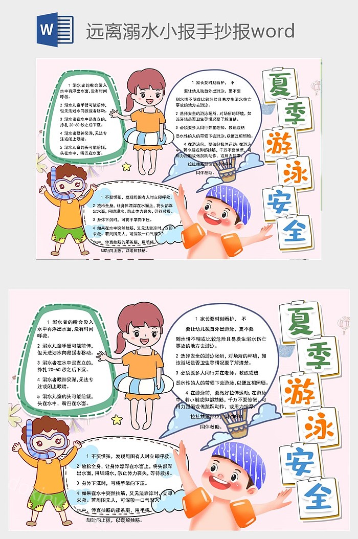 夏季游泳安全远离溺水小报手抄报word模版