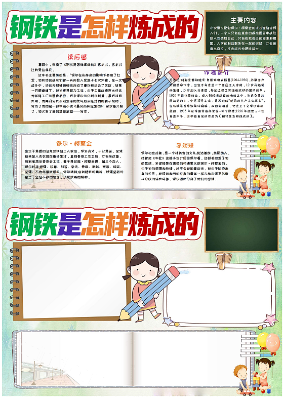 2024小学生读书阅读电子小报钢铁是怎样炼成的读后感手抄报模板清晰