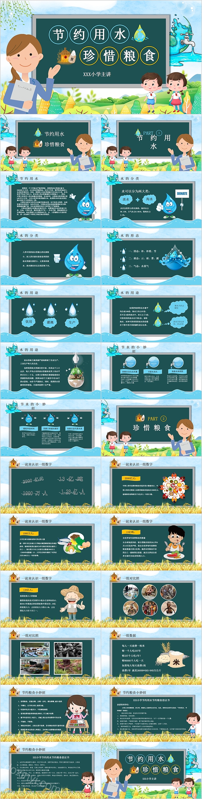 小学节约用水珍惜粮食主题班会PPT模板