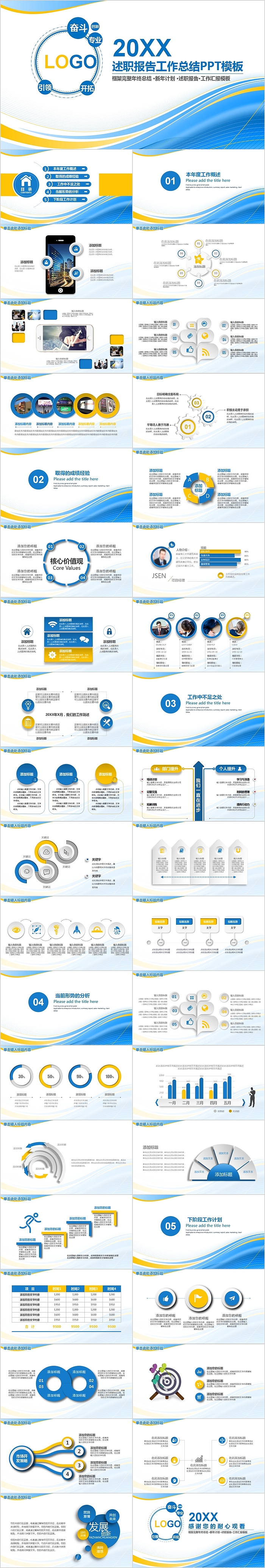 框架完整蓝色述职报告工作总结PPT模板