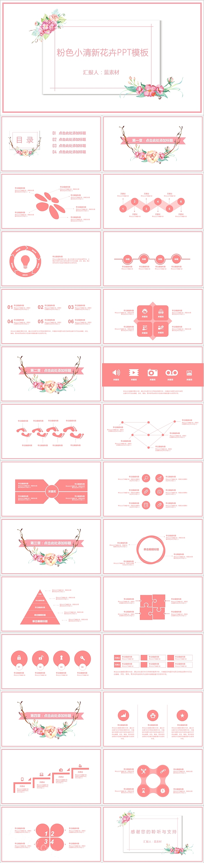 粉色小清新花卉PPT模板