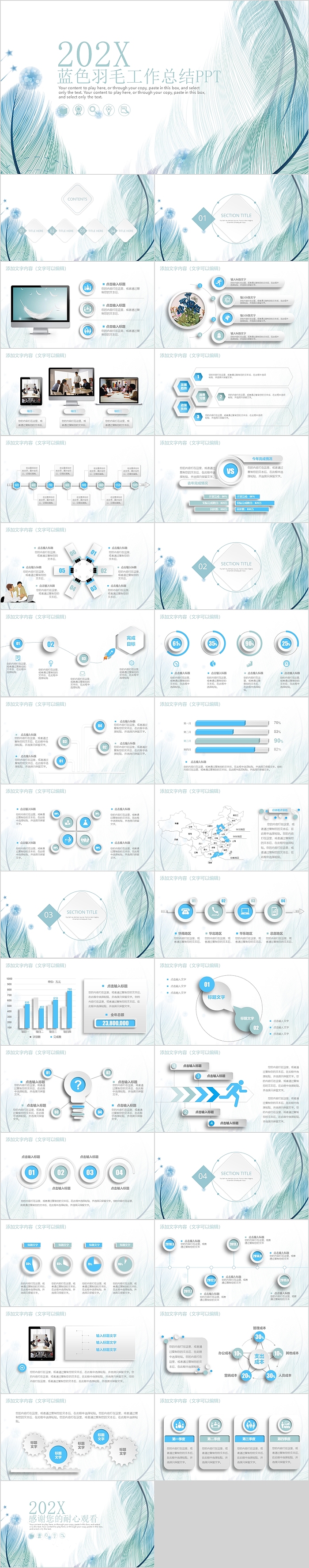 蓝色羽毛工作总结PPT