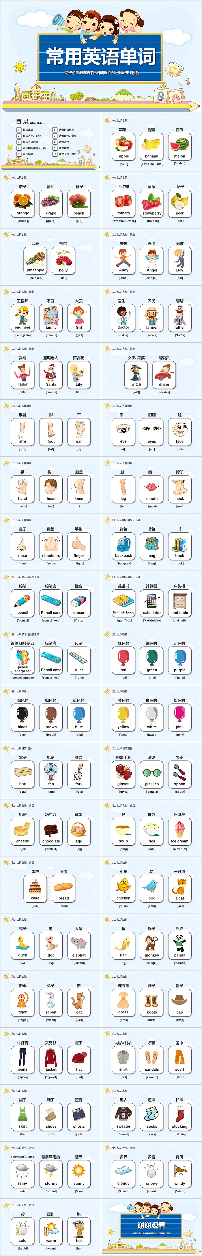 卡通可爱常用英语单词PPT