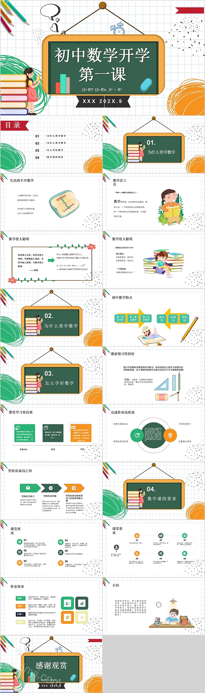 简约黑板风初中数学开学第一课PPT模板