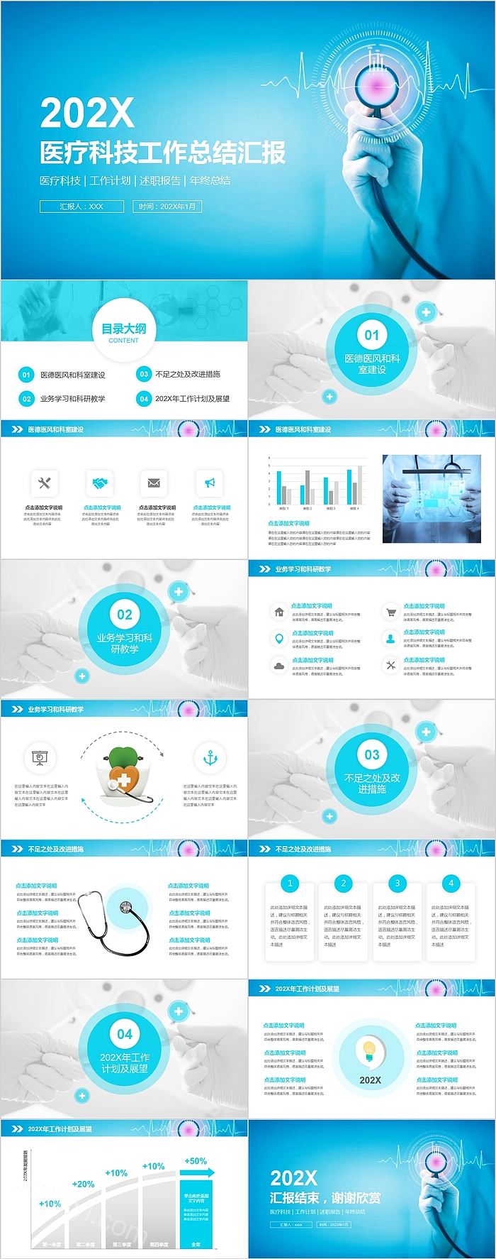 简约蓝色医疗科技工作总结汇报PPT模板