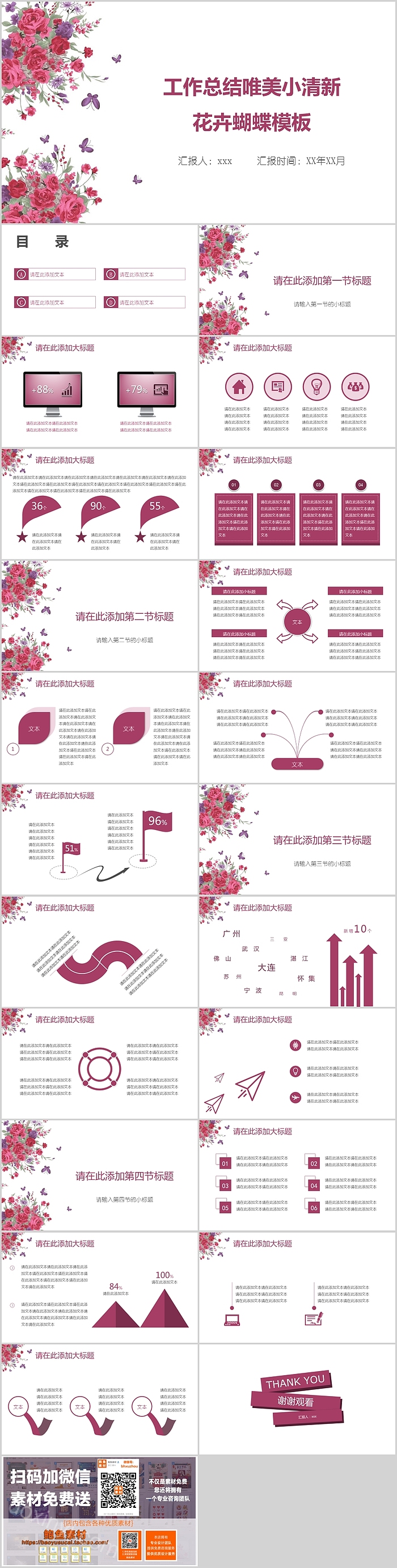 唯美小清新花卉蝴蝶工作总结PPT模板