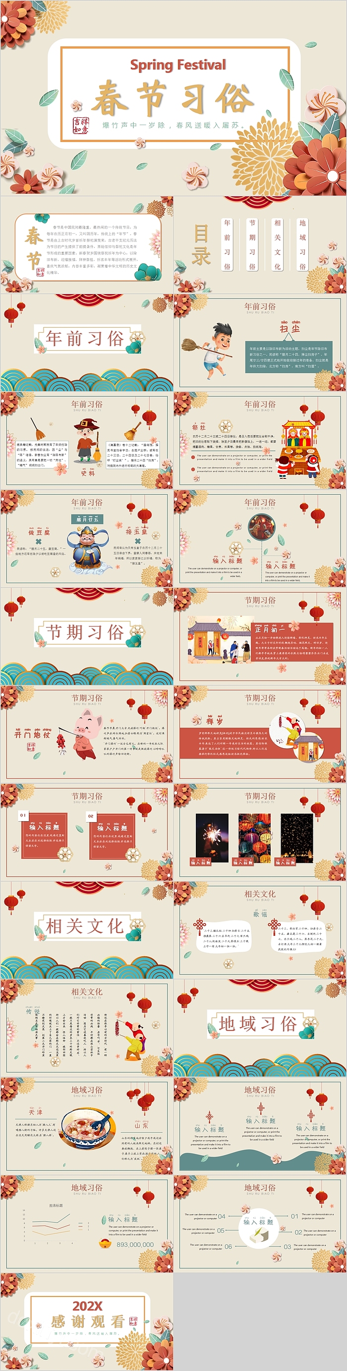 古风古色传统节日春节习俗新年快乐PPT模板