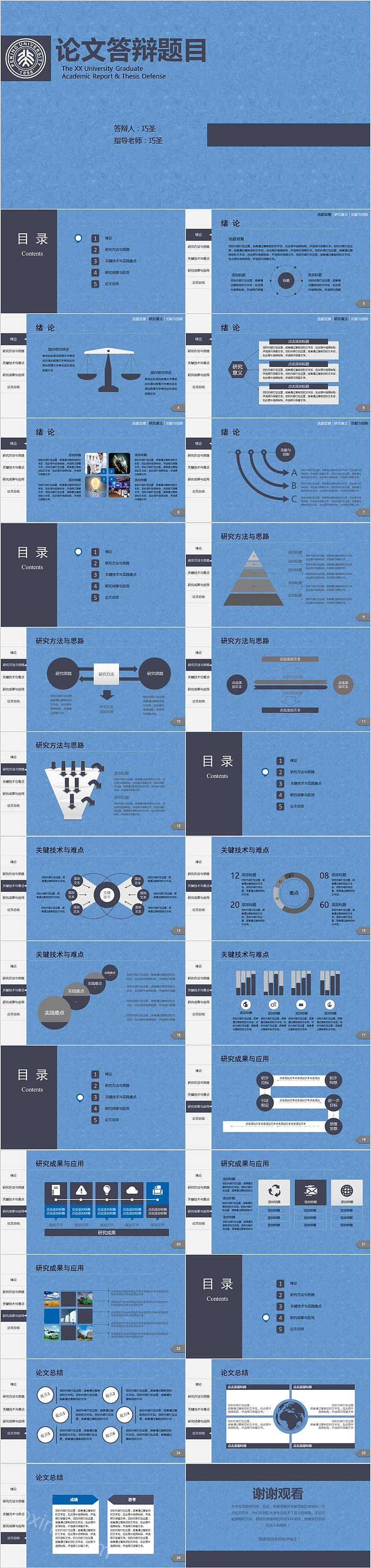 素雅蓝底论文答辩题目PPT模板