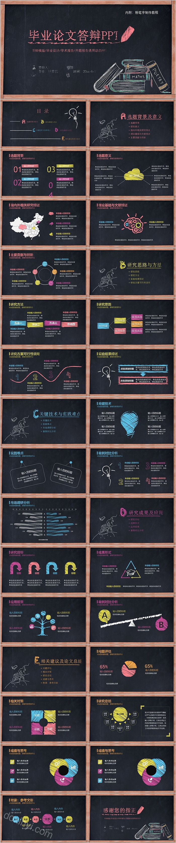 创意黑板粉笔字毕业论文答辩PPT模板
