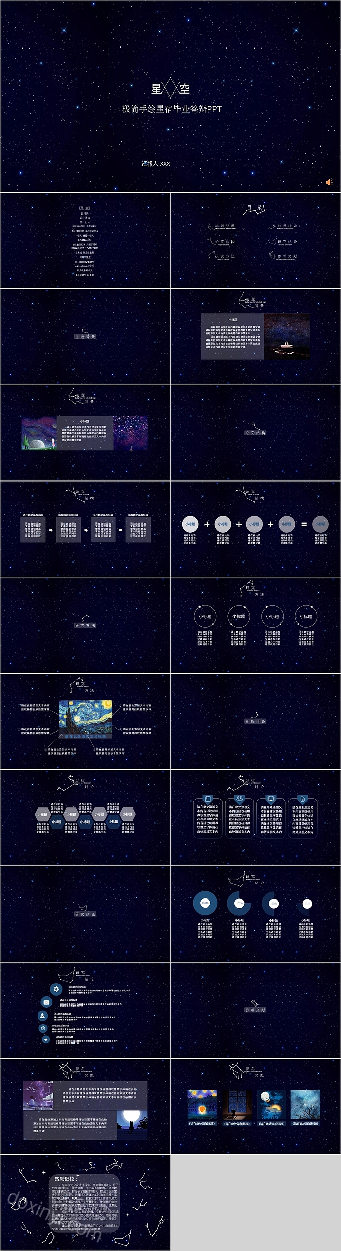 星空极简手绘星宿毕业答辩PPT模板