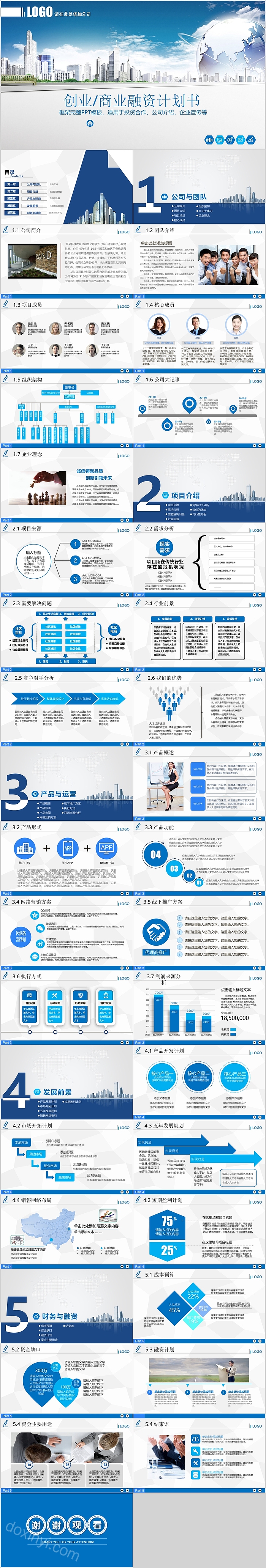 蓝色框架完整创业商业融资计划书PPT模板