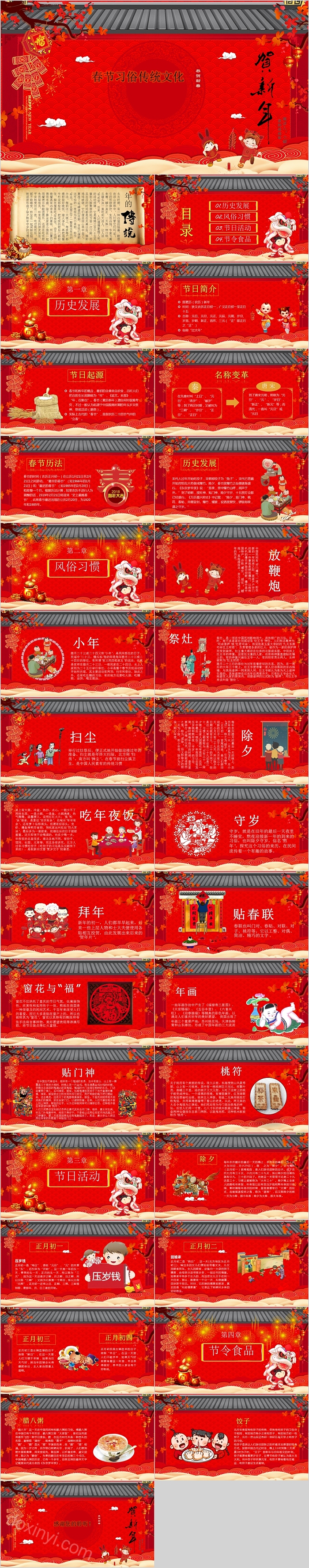 创意红色春节习俗传统文化PPT模板