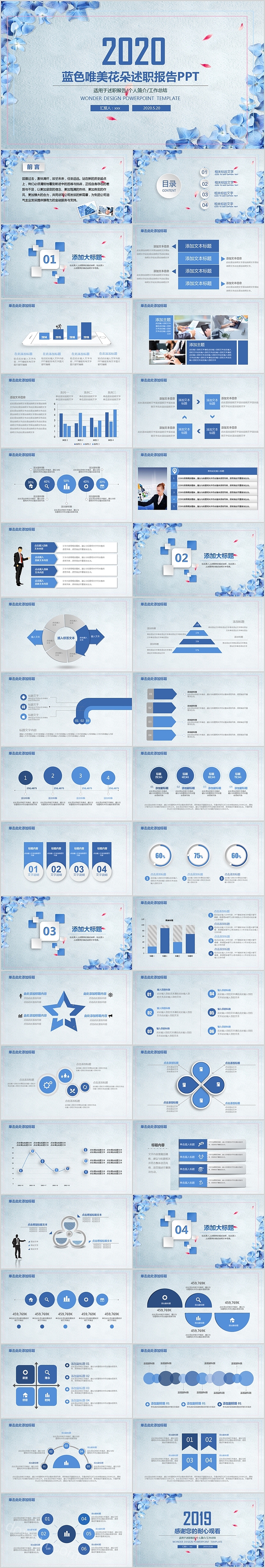 蓝色唯美花朵述职报告PPT