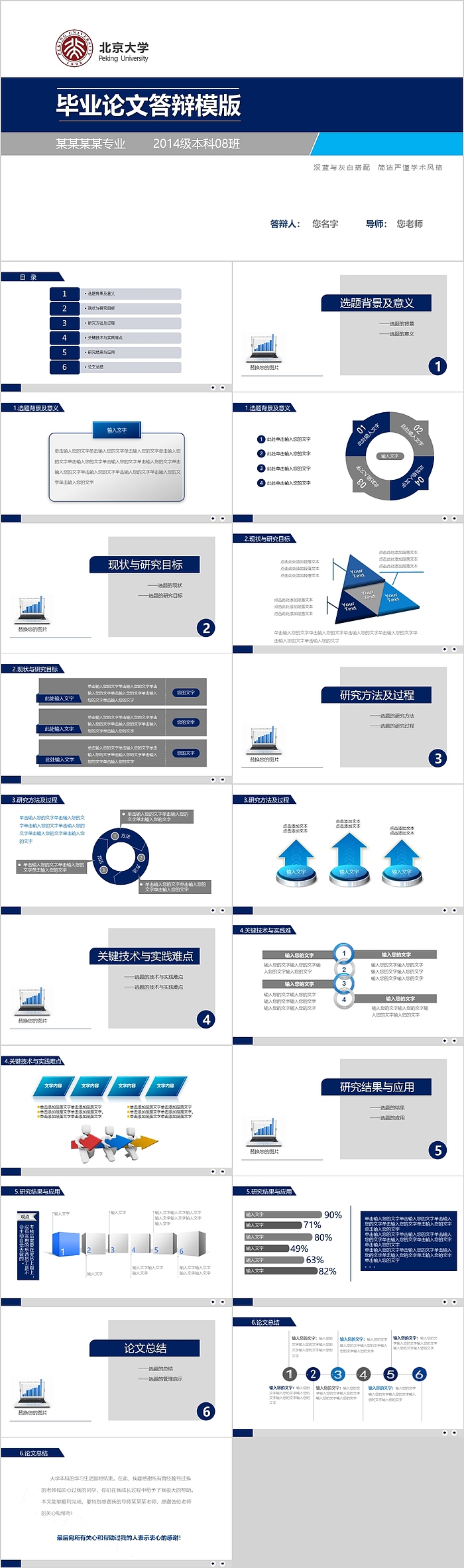 毕业论文答辩模版深蓝与灰白搭配简洁严谨学术风格