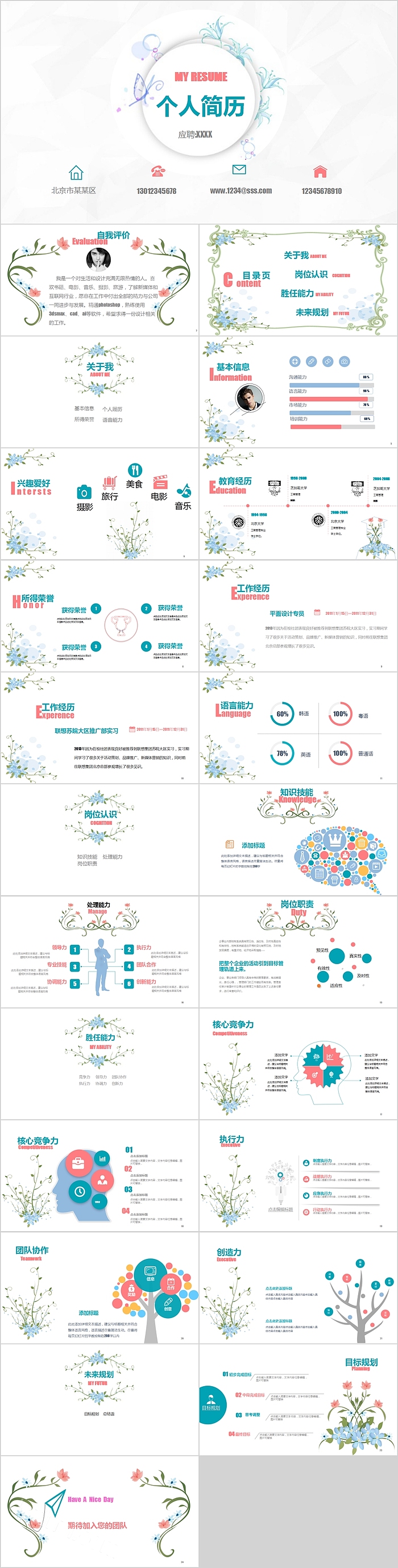 清新花朵个人简历求职竞聘PPT