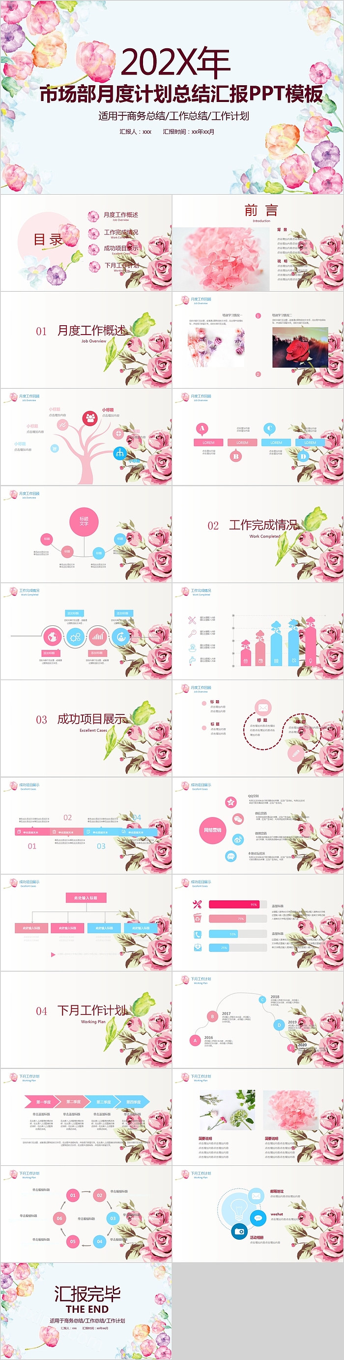 清新花卉市场部月度计划总结汇报PPT模板