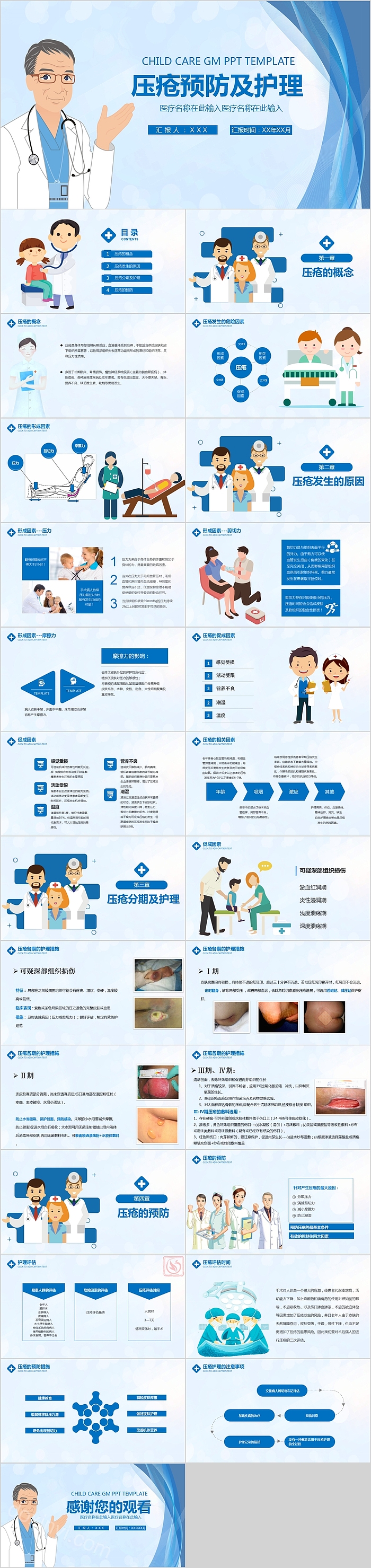 简约蓝色压疮的预防及护理PPT模板