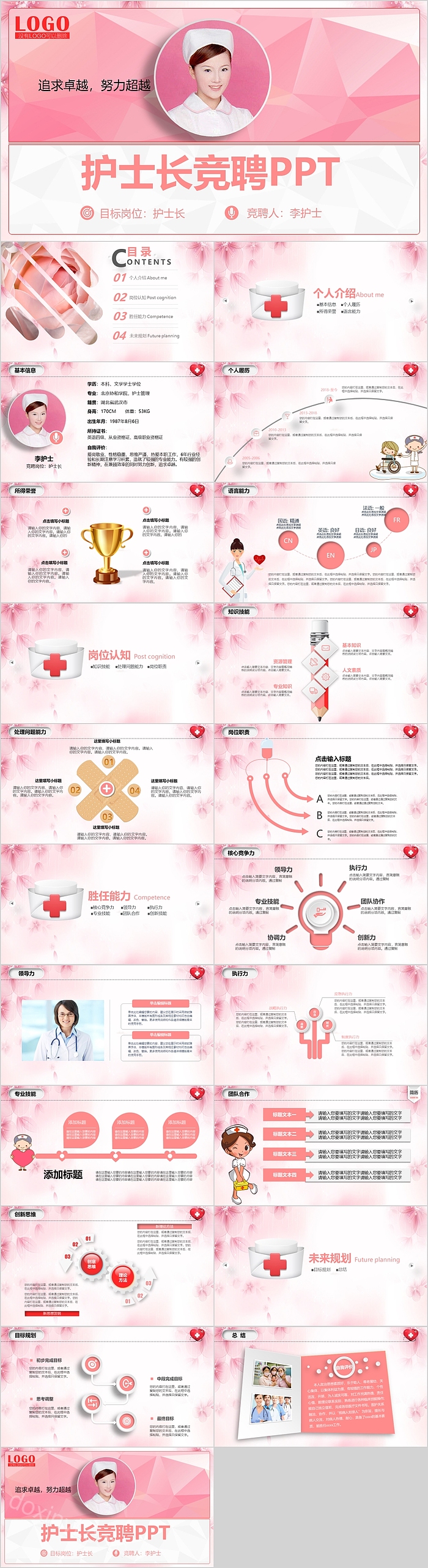 粉色清新可爱护士长竞聘PPT