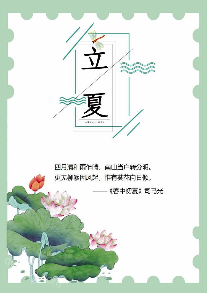 立夏-小清新荷花蜻蜓信纸背景word模板